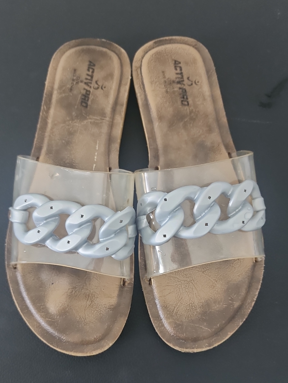 Aeropostale Clear Slide Sandals with Light Gray Chain Accent